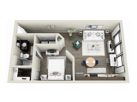 Floor plan for studio, 1 bath, 613 sqft